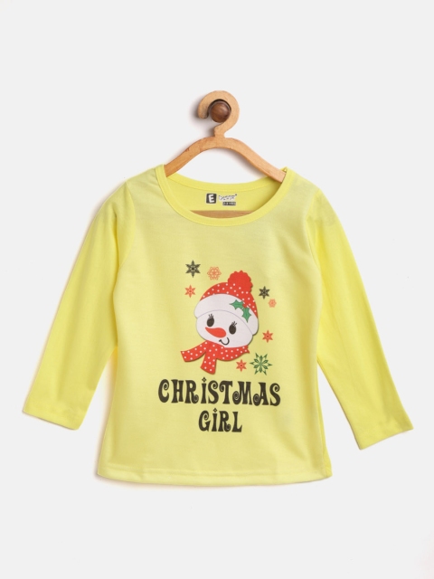 

Eteenz Girls Yellow & Black Christmassy Print Round Pure Cotton Neck T-shirt