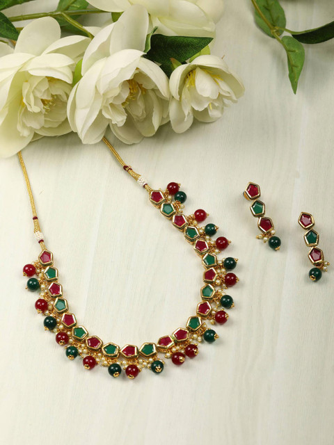 

Priyaasi Green & Red Gold-Plated Stone Studded & Beaded Handcrafted Jewellery Set