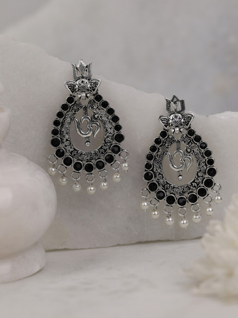 

Priyaasi Black Oxidised Silver-Plated Teardrop Shaped Handcrafted Drop Earrings
