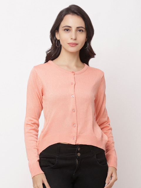 

Globus Women Peach-Coloured Self Design Button Shrug