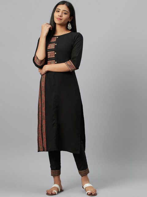 

ZIYAA Women Black & Red Foil Print Kurta with Trousers