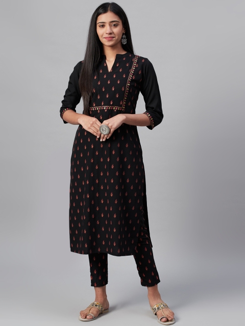 

ZIYAA Women Black & Golden Foil Print Kurta with Trousers