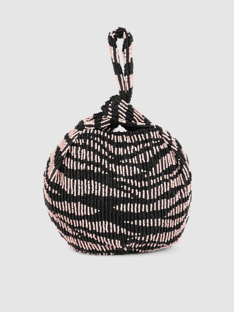 

Accessorize Pink & Black Striped Beaded Potli Bag