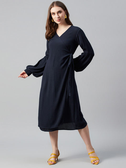 

Femella Women Navy Blue Solid Wrap Dress