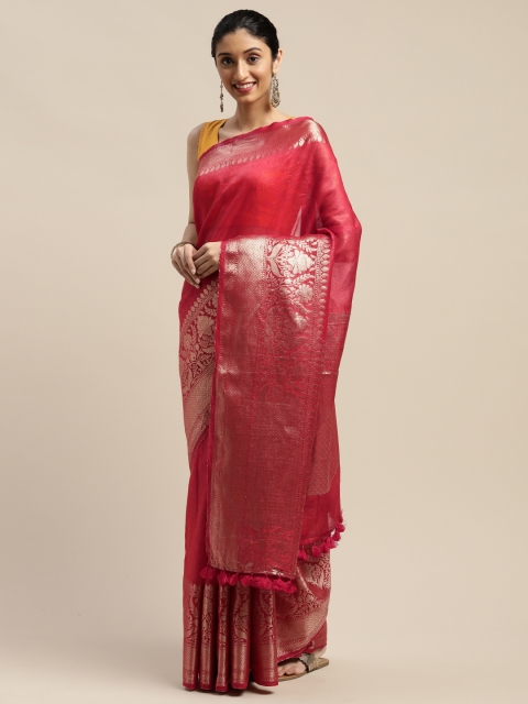 

KALASATI Red Pure Linen Solid Handloom Banarasi Saree