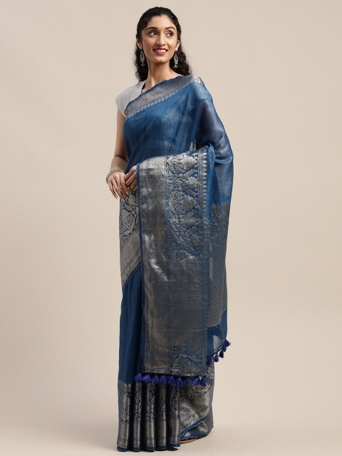 

KALASATI Navy Blue Pure Linen Solid Handloom Banarasi Saree