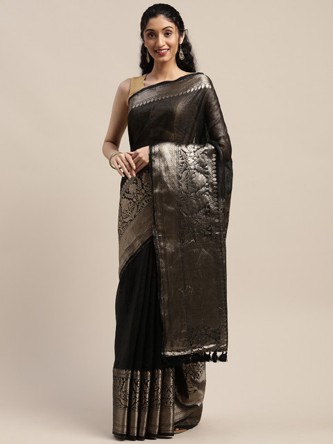 

Mirraw Black Pure Linen Solid Handloom Banarasi Saree