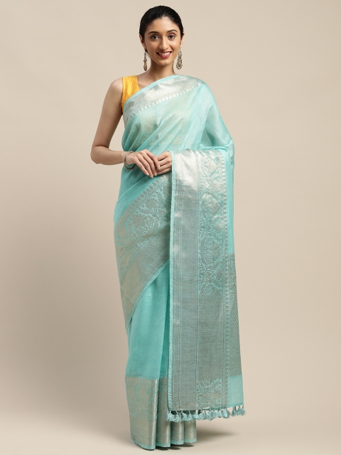 

KALASATI Turquoise Blue & Golden Pure Linen Handloom Solid Banarasi Saree