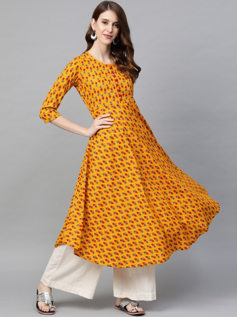 

Meeranshi Women Mustard Yellow & Maroon Printed Anarkali Kurta