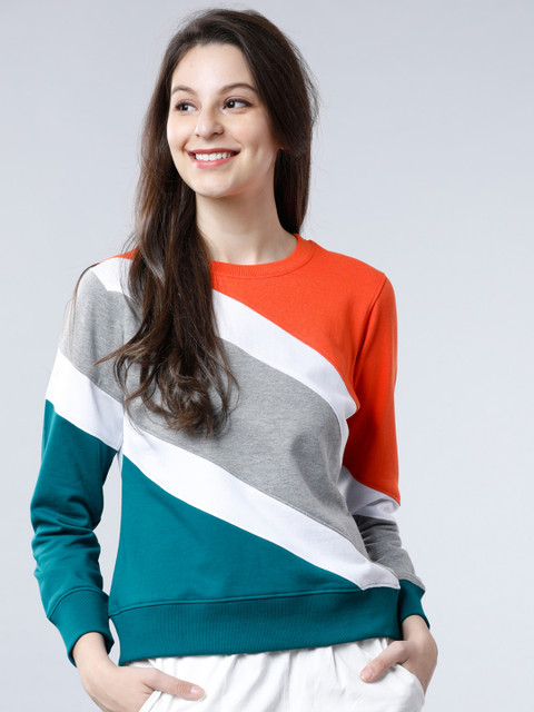 

Tokyo Talkies Women Teal Blue & Orange Colourblocked Sweatshirt