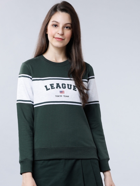 

Tokyo Talkies Women Green & White Colourblocked Sweatshirt