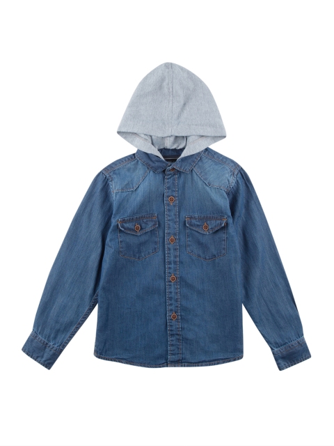 

Cherokee Boys Blue Regular Fit Solid Casual Hooded Chambray Shirt