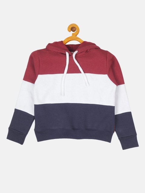 

Instafab Girls Maroon & White Colourblocked Hooded Sweatshirt