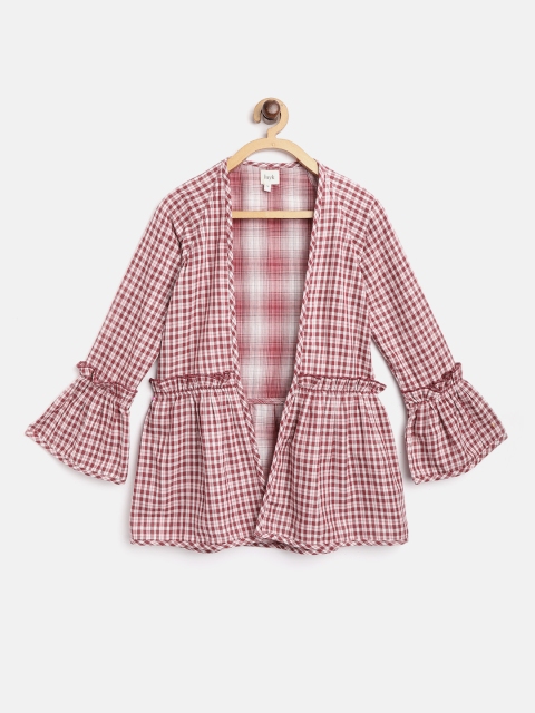 

luyk Girls Maroon & White Checked Open Front Shrug