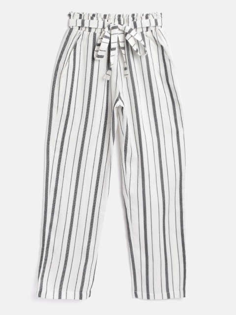 

luyk Girls White & Black Pure Cotton Regular Fit Striped Peg Trousers