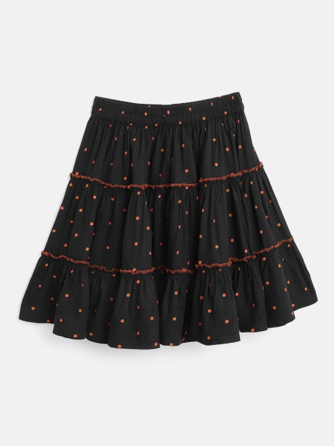 

luyk Girls Black & Red Pure Cotton Polka Dot Print Tiered Skirt