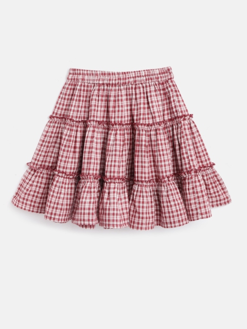 

luyk Girls Red & White Checked Tiered Pure Cotton Skirt