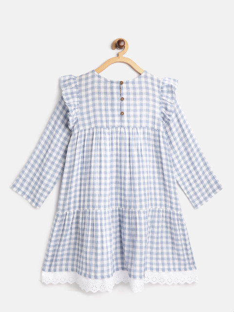 

luyk Girls Blue & White Checked Tiered Cotton A-Line Dress