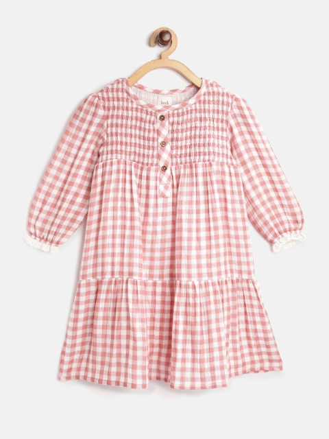 

luyk Girls Brick Red & White Checked Tiered & Smocked Cotton A-Line Dress