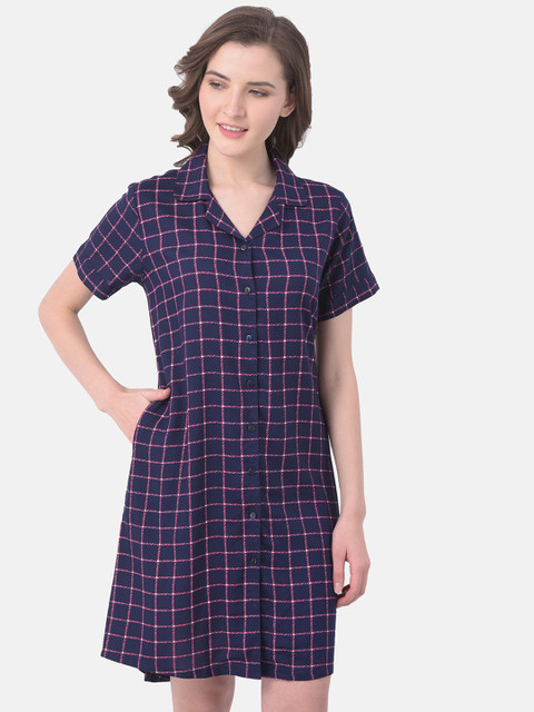 

Clovia Women Navy Blue & Pink Checked Pure Cotton Nightdress