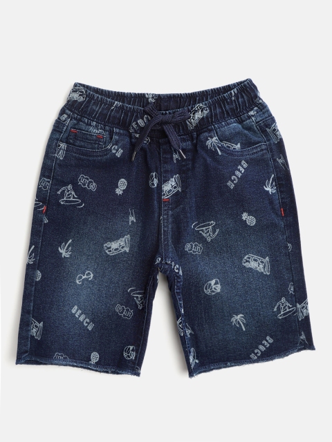 

YK Boys Navy Blue Washed Conversational Print Denim Shorts