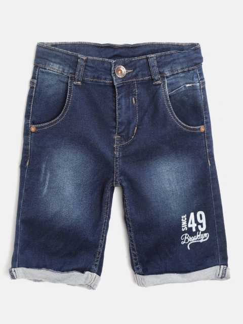 

YK Boys Navy Blue Washed Regular Fit Denim Shorts with Typography Print Detail