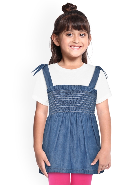 

YK Girls Blue Solid Smocked A-Line Top