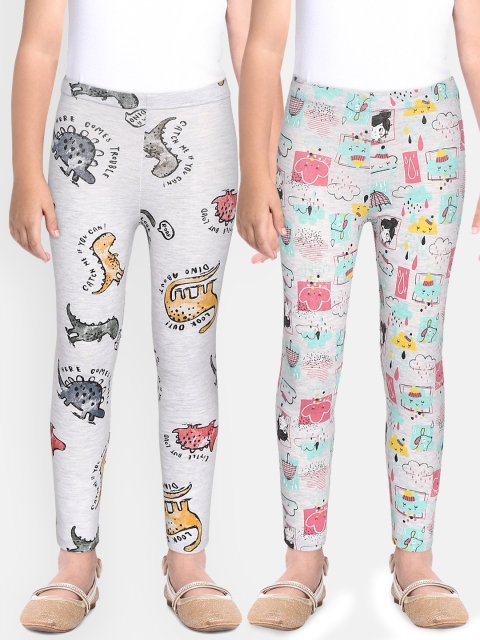 

YK Basics Girls Pack of 2 Printed Ankle-Length Leggings, Grey melange