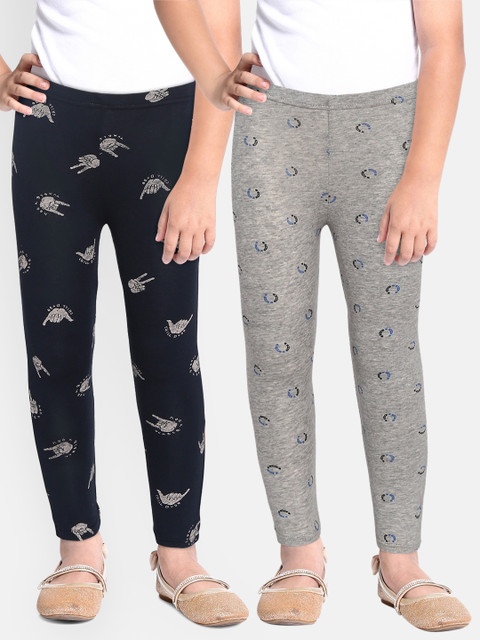 

YK Basics Girls Pack of 2 Printed Ankle-Length Leggings, Grey melange