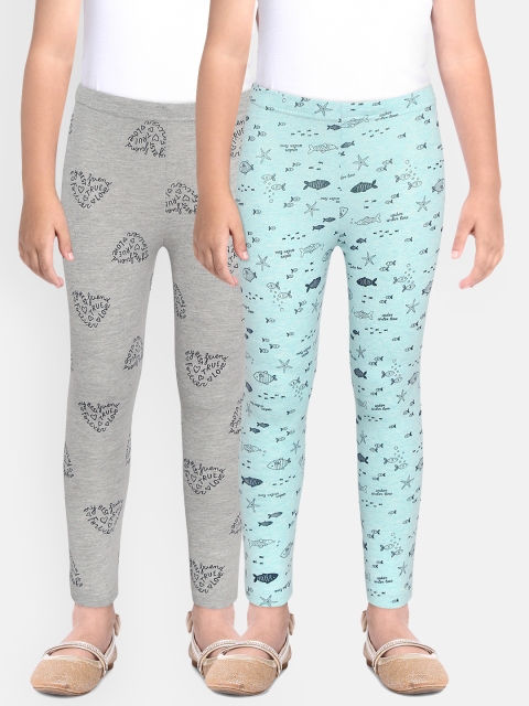 

YK Basics Girls Pack of 2 Printed Ankle-Length Leggings, Grey melange