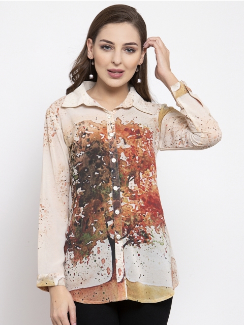 

klauressa Women Beige Regular Fit Printed Casual Shirt