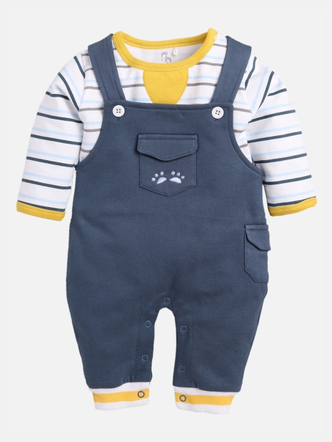 

BABY GO Boys Navy Blue Solid Dungarees With Printed T-Shirt