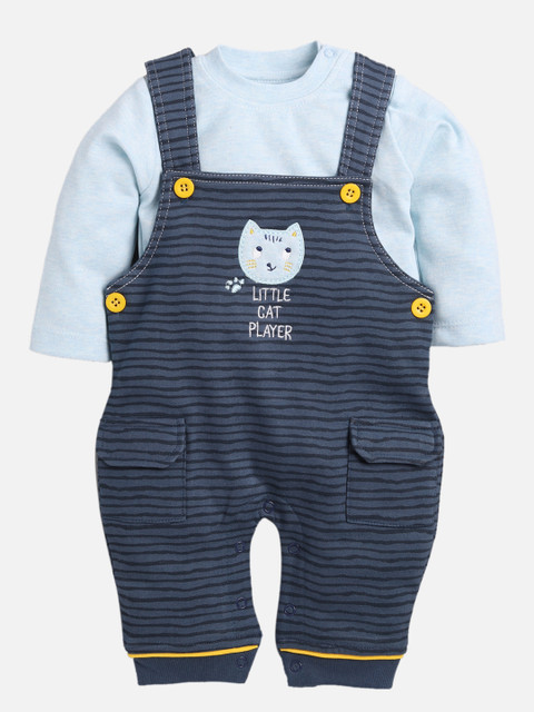 

BABY GO Boys Blue Striped Dungarees With Solid T-Shirt