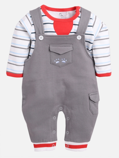 

BABY GO Boys Grey & White Solid Dungarees With T-Shirt