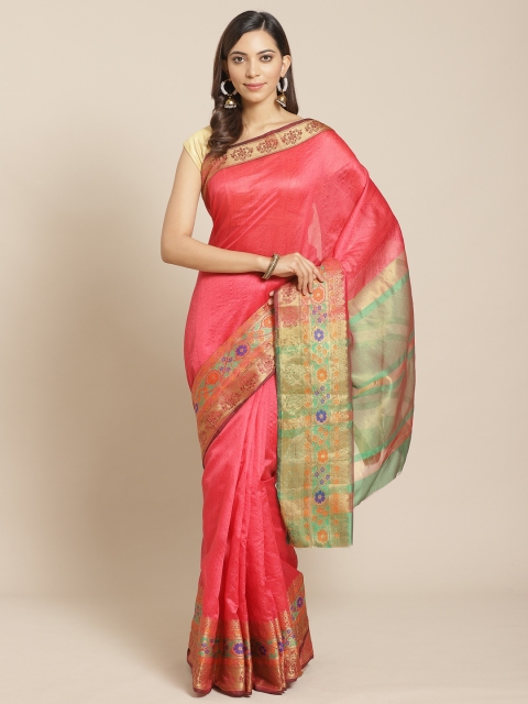 

Mitera Coral Pink Solid Banarasi Saree