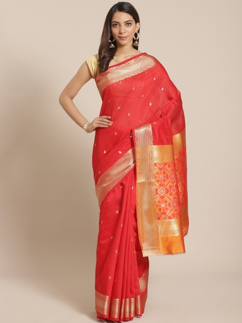 

Mitera Coral Red & Golden Zari Woven Design Banarasi Saree