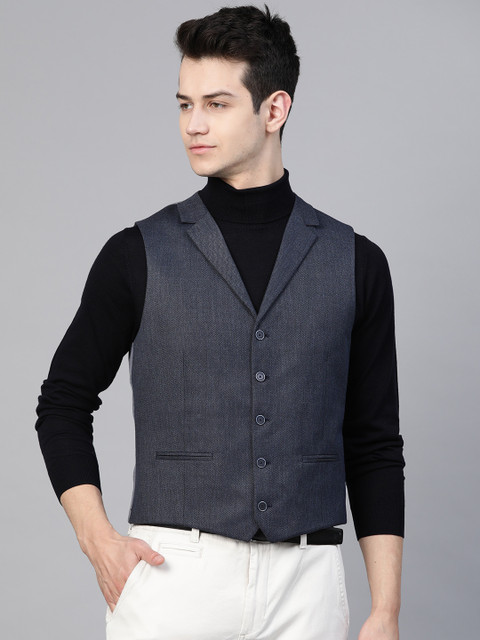 

Marks & Spencer Men Navy Blue Cotton Woven Design Pure Cotton Waistcoat