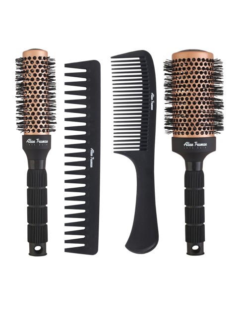 

Alan Truman Women Set of 4 Professional Carbon Combs & Ceramic Brushes, Black