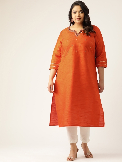 

Sztori Women Plus Size Orange Yoke Design Straight Kurta