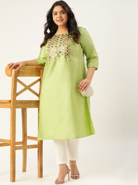 

Sztori Women Plus Size Green Mirror Work Straight Kurta