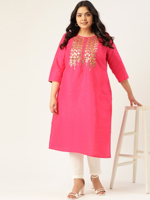 

Sztori Women Plus Size Pink Mirror Work Straight Kurta