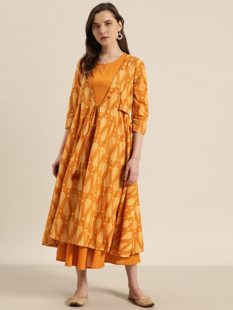 

Sangria Women Mustard Yellow Ethnic Print Pure Cotton Layered Midi Dress