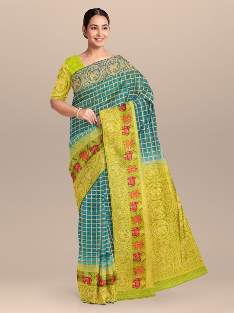 

KLM Fashion Mall Blue & Green Silk Blend Checked Saree