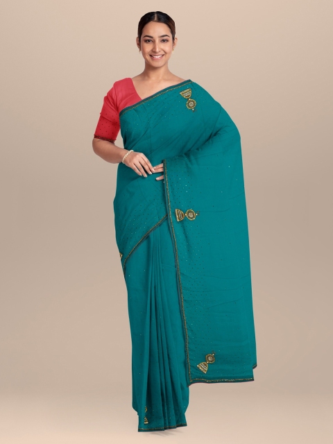 

KLM Fashion Mall Teal Blue Solid Poly Georgette Saree