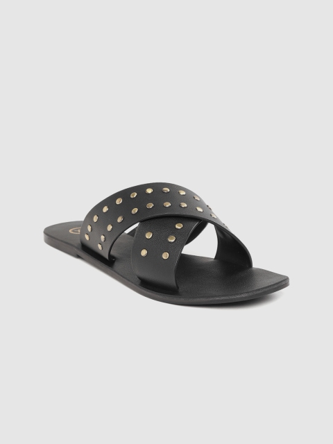 

20Dresses Women Black & Gold-Toned Studded Open Toe Flats