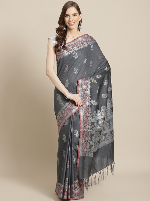 

swatika Charcoal Grey & Silver Woven Design Handloom Banarasi Saree