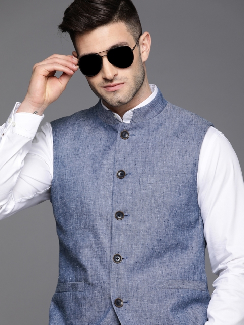 

Allen Solly Men Blue Self-Design Slim Fit Nehru Jacket