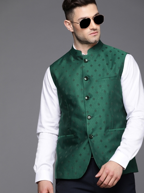 

Allen Solly Men Green Printed Slim Fit Nehru Jacket