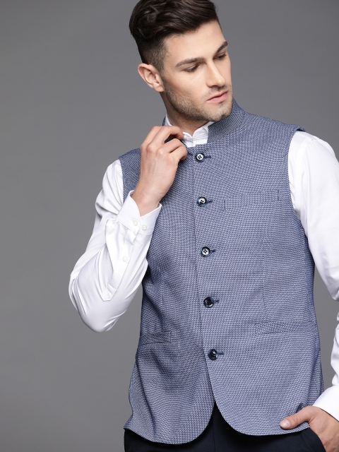 

Allen Solly Men Blue & White Printed Slim Fit Nehru Jacket
