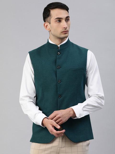 

Allen Solly Men Teal Green Solid Slim Fit Nehru Jacket